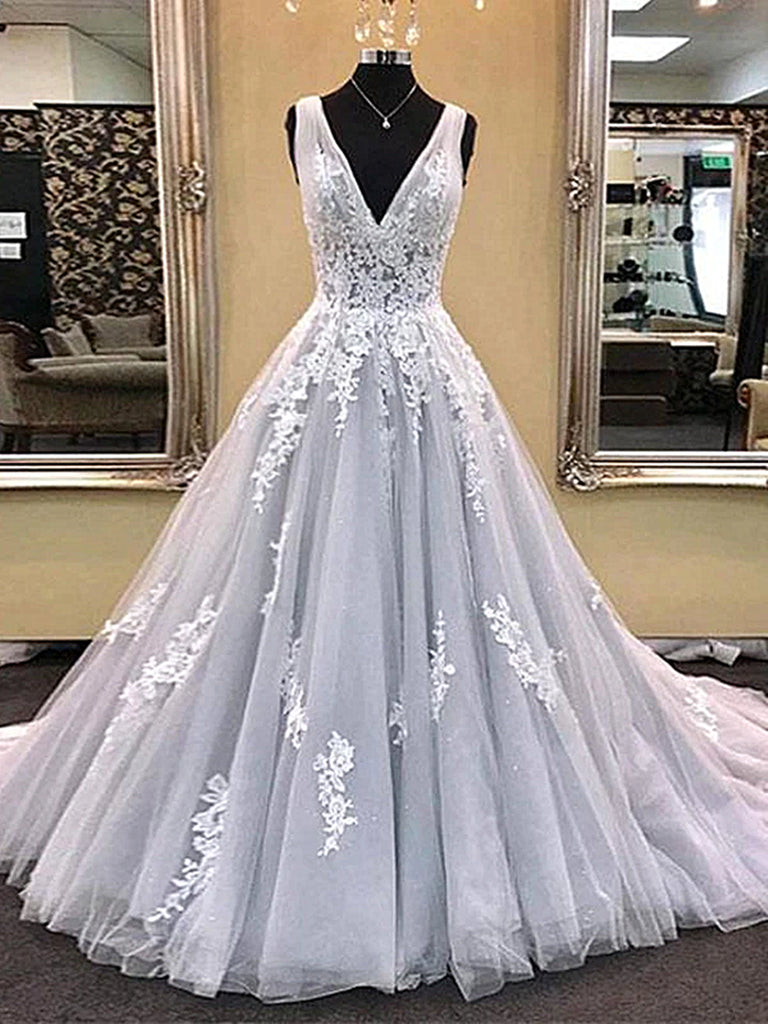 V Neck Light Gray Lace Prom Dresses, Silver Grey Lace Formal Evening D jbydress V Neck Light Gray Lace Prom Dresses, Silver Grey Lace Formal Evening D jbydress