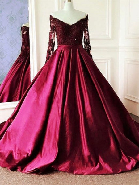 V Neck Long Sleeves Burgundy Lace Prom Dresses, Wine Red Long Sleeves Lace Formal Evening Dresses