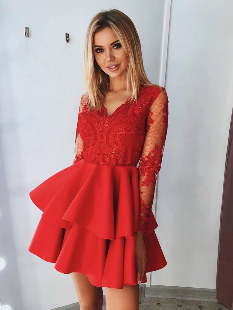 V Neck Long Sleeves Short Red Lace Prom Dresses, Short Red Lace