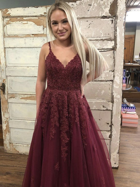 V Neck Maroon Burgundy Lace Prom Dresses, Wine Red Lace Formal Evening Dresses