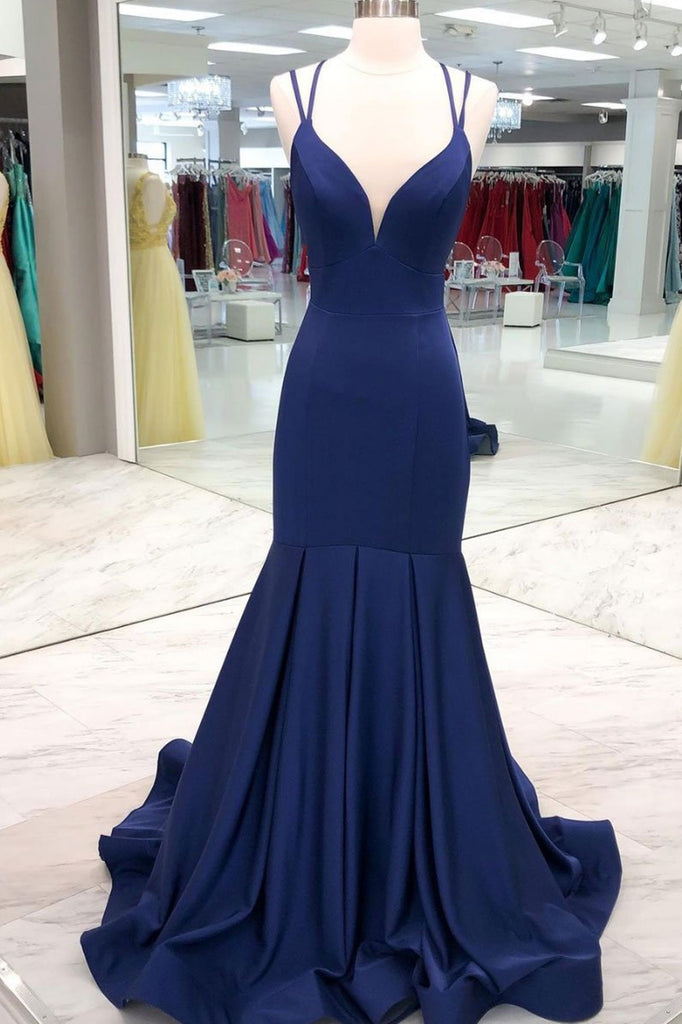 dark blue mermaid prom dress V Neck Mermaid Dark Navy Blue Prom Dresses, Navy Blue Mermaid Long For – jbydress