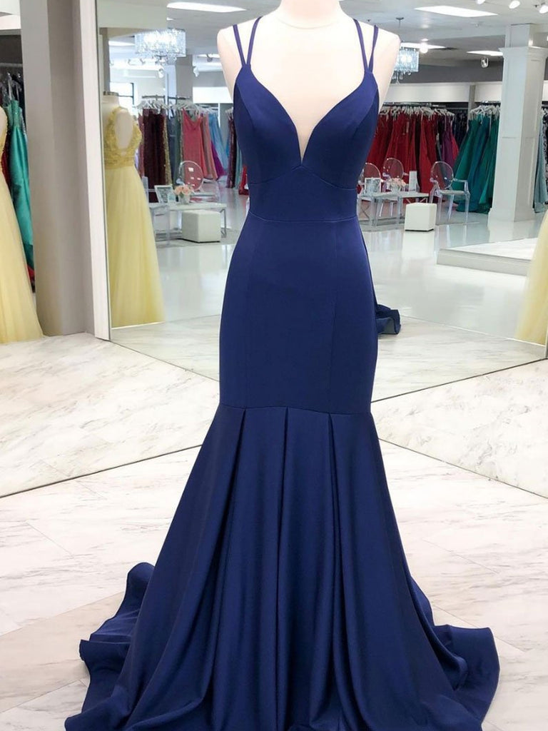 dark blue mermaid prom dress V Neck Mermaid Dark Navy Blue Prom Dresses, Navy Blue Mermaid Long For – jbydress