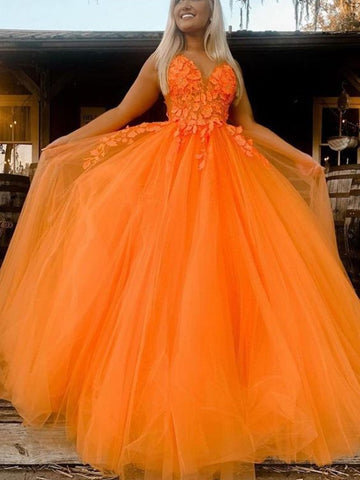 V Neck Orange Lace Prom Dresses, Orange Lace Formal Evening Dresses