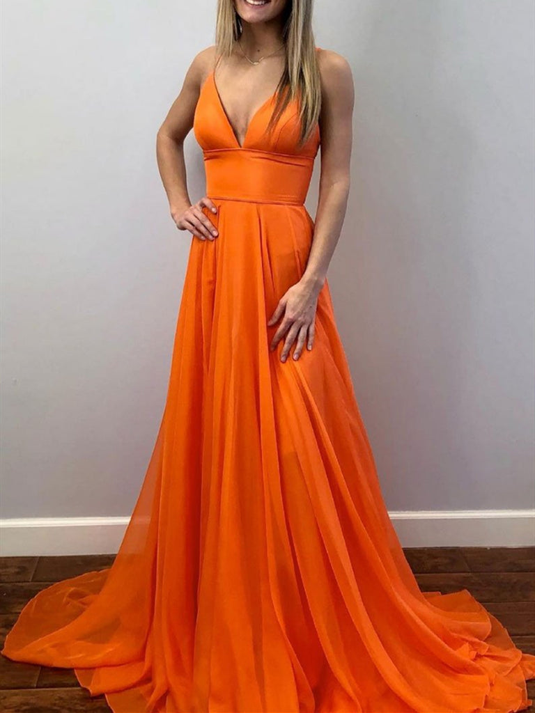V Neck Orange Long Prom Dresses, Orange V Neck Long Formal Evening Dresses