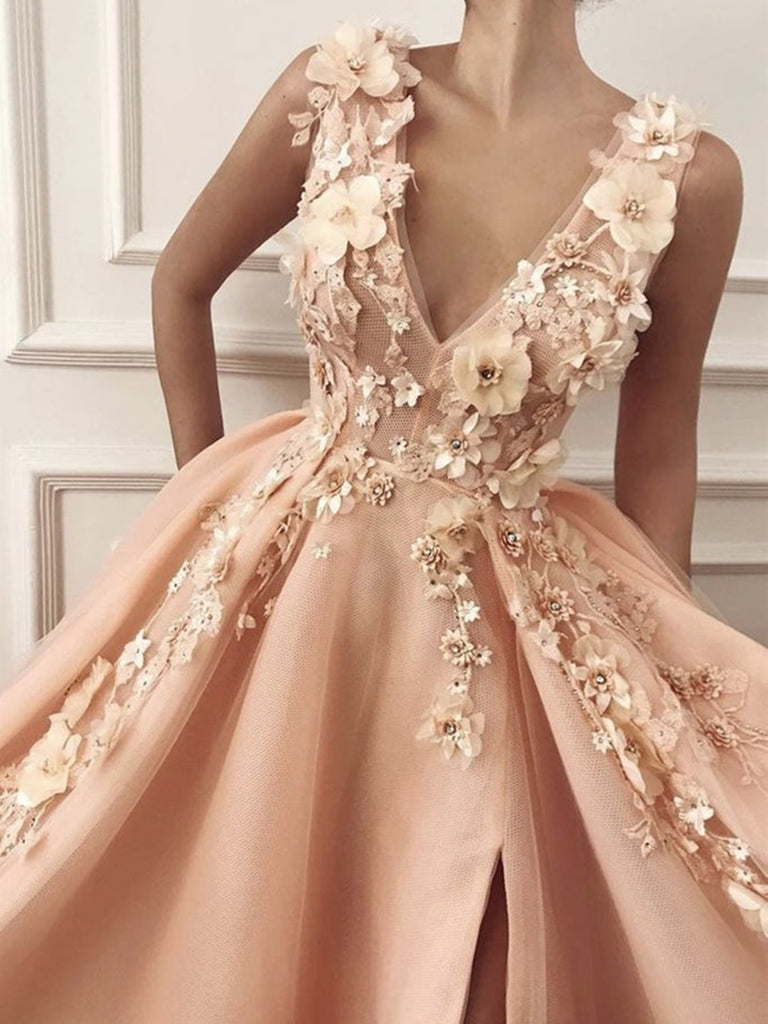 V Neck Orange Pink Lace Floral Prom Dresses, V Neck Floral Long
