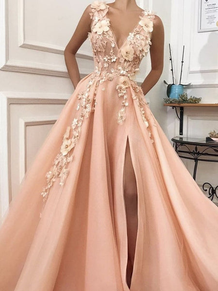 V Neck Orange Pink Lace Floral Prom Dresses, V Neck Floral Long Formal Evening Dresses