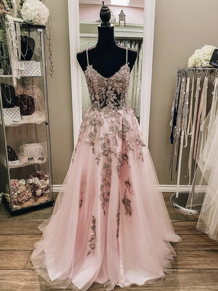 V Neck Pink Champagne Floral Long Prom Dresses, Pink Champagne Lace Formal Evening Dresses