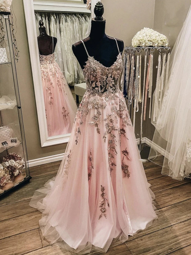 V Neck Pink Champagne Floral Long Prom Dresses, Pink Champagne Lace Fo –  jbydress