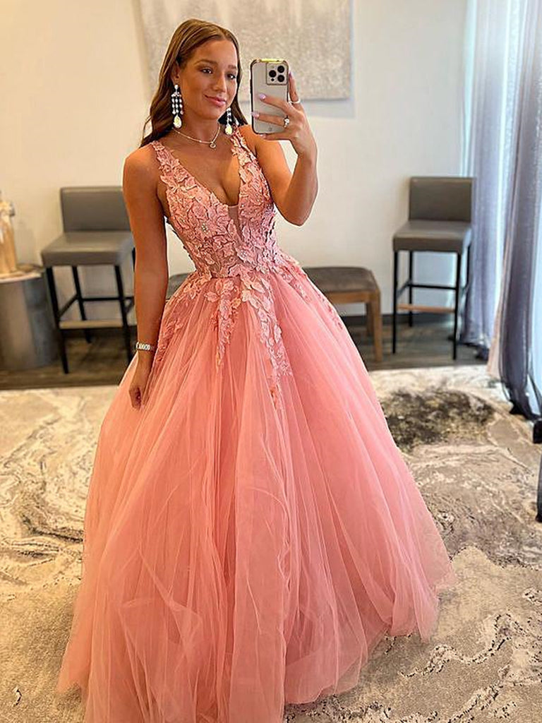 V Neck Pink Lace Floral Long Prom Dresses, Pink Lace Flower Long Forma –  jbydress