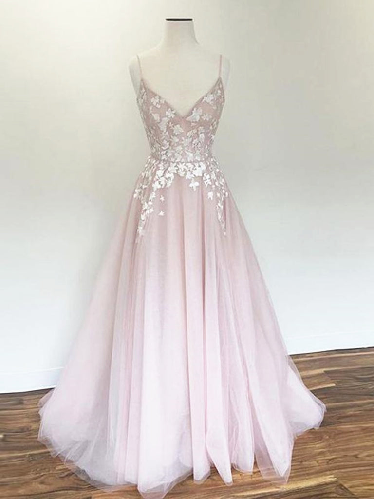 V Neck Pink Lace Long Prom Dresses, Pink Long Lace Floral Formal Evening Dresses