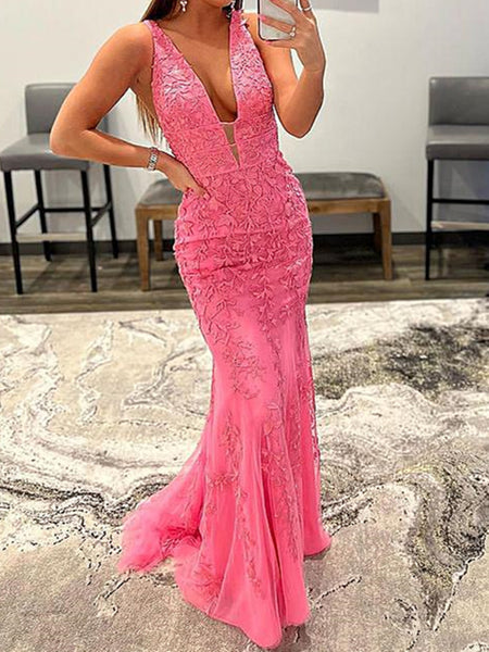 V Neck Pink Lace Mermaid Prom Dresses, Pink Lace Mermaid Formal Graduation Dresses