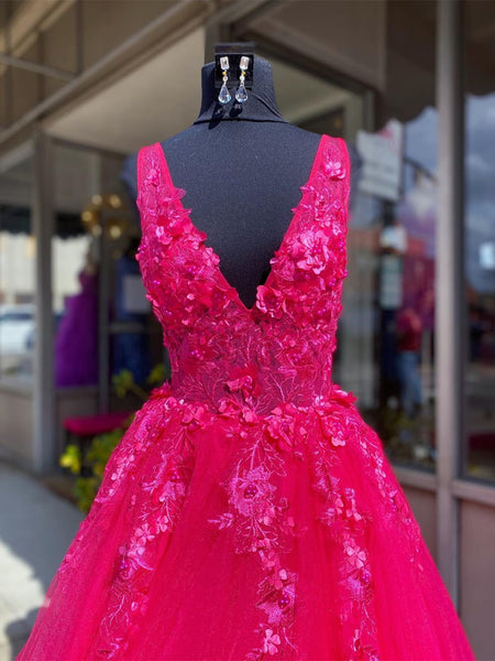 V Neck Pink Lace Prom Dresses, Pink V Neck Long Lace Formal Evening Dresses