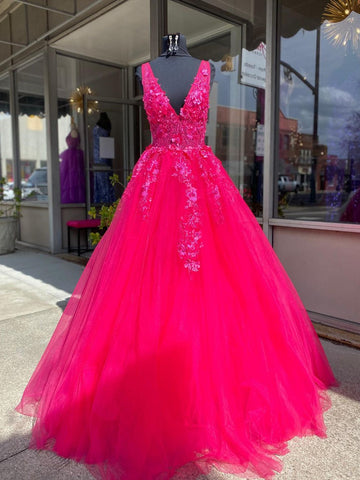 V Neck Pink Lace Prom Dresses, Pink V Neck Long Lace Formal Evening Dresses