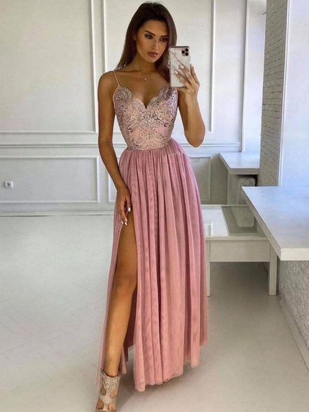 V Neck Pink Long Lace Prom Dresses, Pink Lace Formal Evening Dresses
