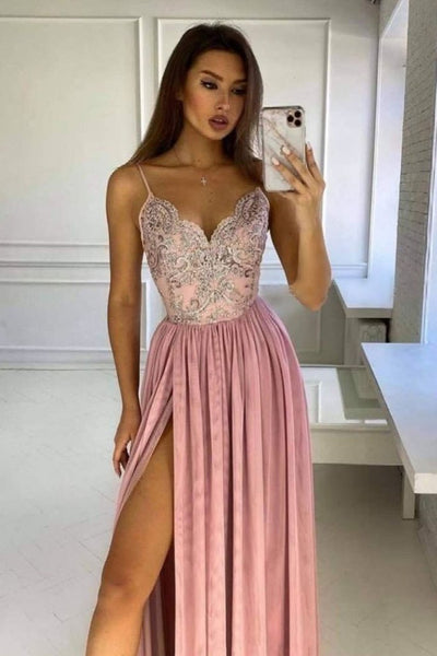 V Neck Pink Long Lace Prom Dresses, Pink Lace Formal Evening Dresses