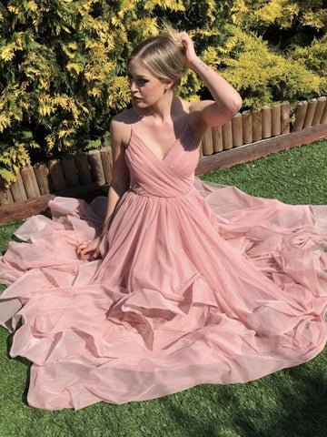 V Neck Pink Long Prom Dresses, Pink Long Formal Evening Dresses
