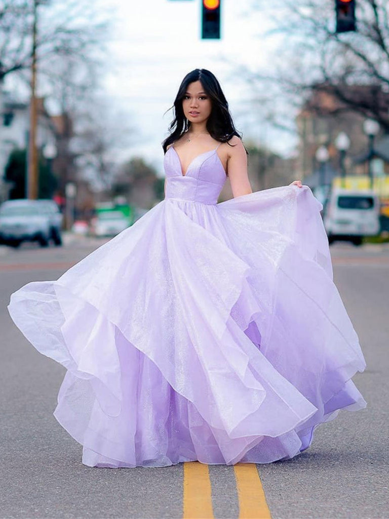 V Neck Pink Purple Open Back Long Prom Dresses, V Neck Pink Purple Lon – jbydress