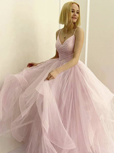 V Neck Pink Tulle Prom Dresses, Pink V Neck Tulle Formal Evening Dresses