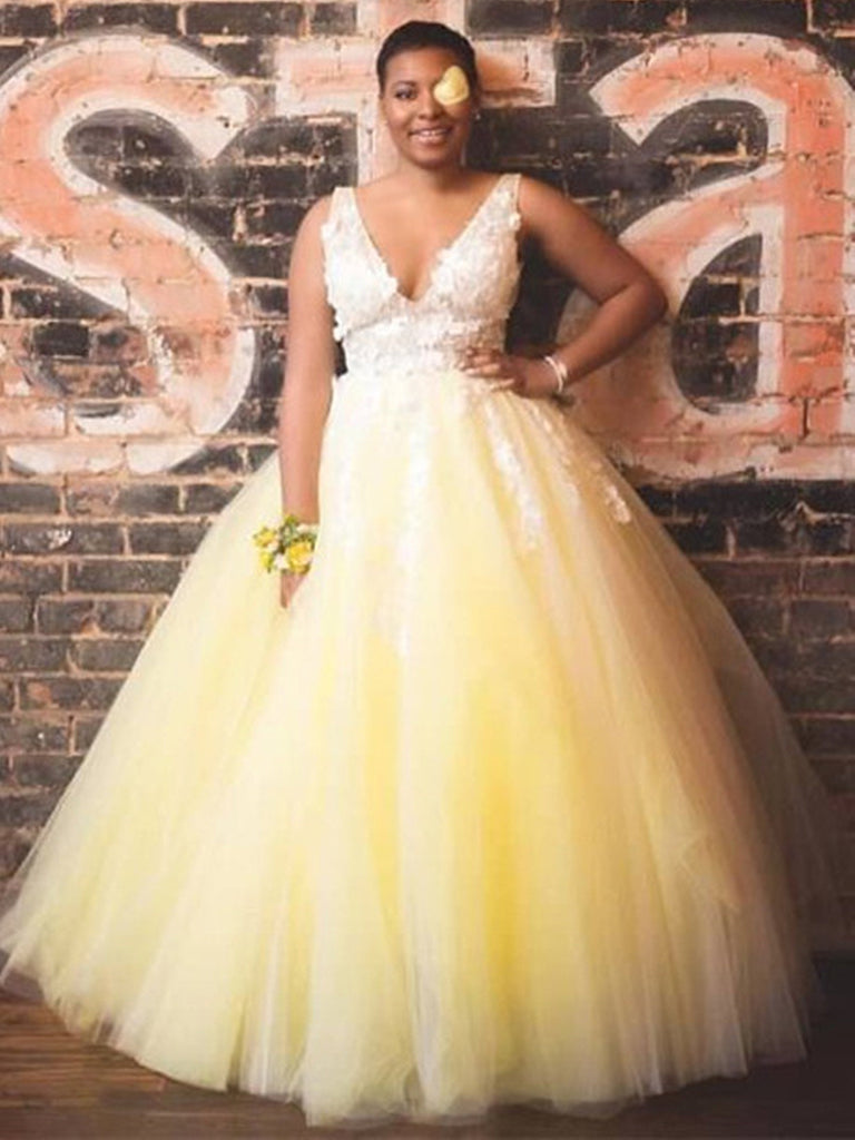 V Neck Pink Yellow 3D Lace Floral Prom Dresses, V Neck Lace Floral