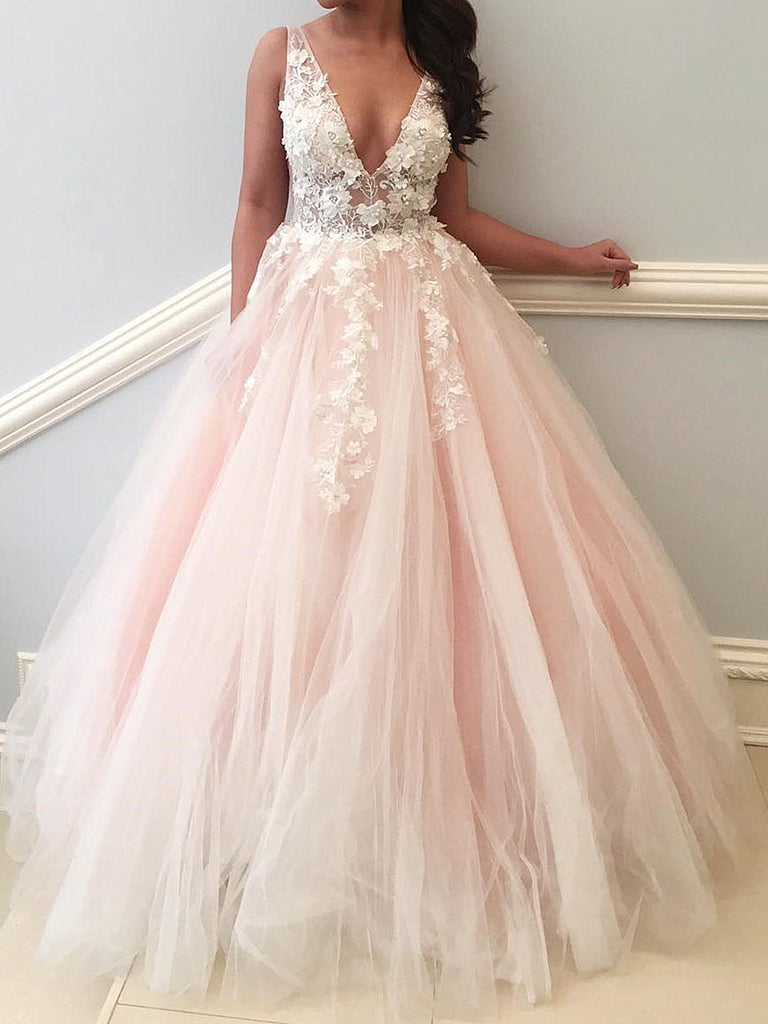 V Neck Pink Yellow 3D Lace Floral Prom Dresses, V Neck Lace Floral Lon –  jbydress