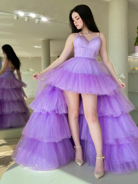 V Neck Purple High Low Prom Dresses, Purple High Low Formal Homecoming Dresses