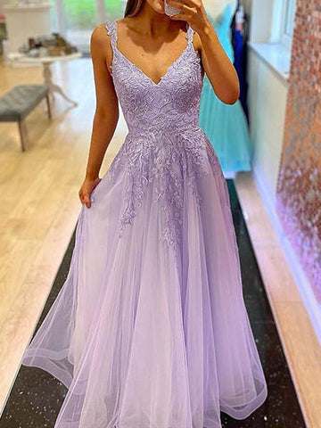 V Neck Purple Lace Prom Dresses, Purple V Neck Lace Formal Graduation Dresses