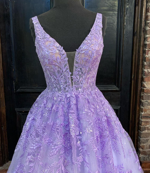 V Neck Purple Lace Prom Dresses, V Neck Purple Lace Formal Evening Dresses