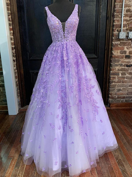 V Neck Purple Lace Prom Dresses, V Neck Purple Lace Formal Evening Dresses
