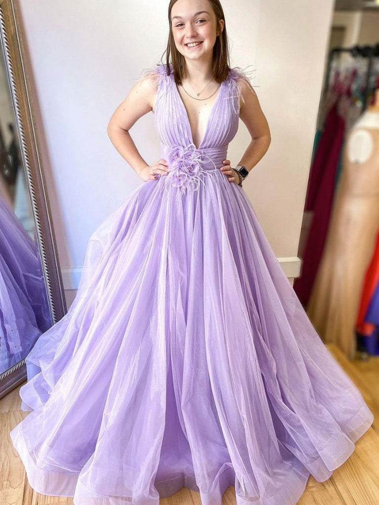 V Neck Purple Tulle Floral Prom Dresses, V Neck Purple Tulle Formal Ev – jbydress