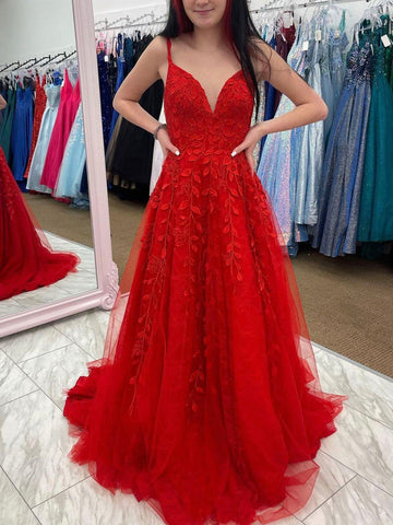 V Neck Red Lace Backless Prom Dresses, Open Back Red Lace Formal Graduation Dresses