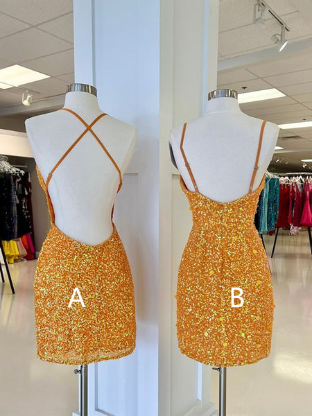 V Neck Short Orange Prom Dresses, Open Back Short Orange V Neck Formal ...