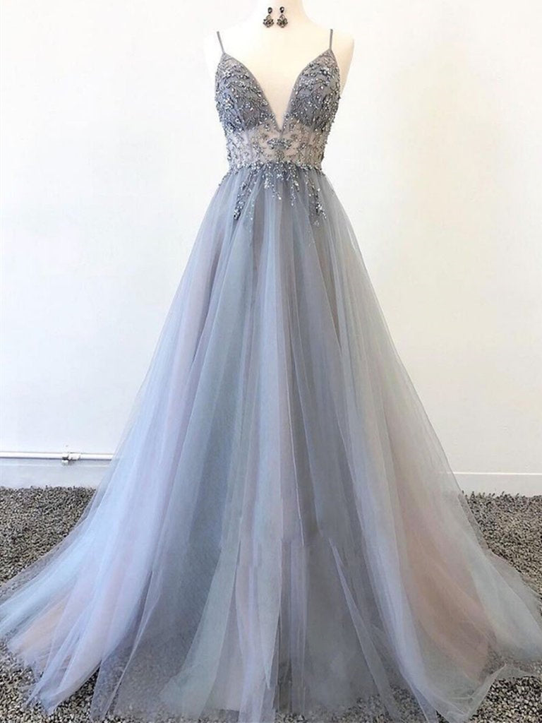 V Neck Silver Grey Beaded Long Prom Dresses, Silver Gray Beaded Long F jbydress V Neck Silver Grey Beaded Long Prom Dresses, Silver Gray Beaded Long F jbydress