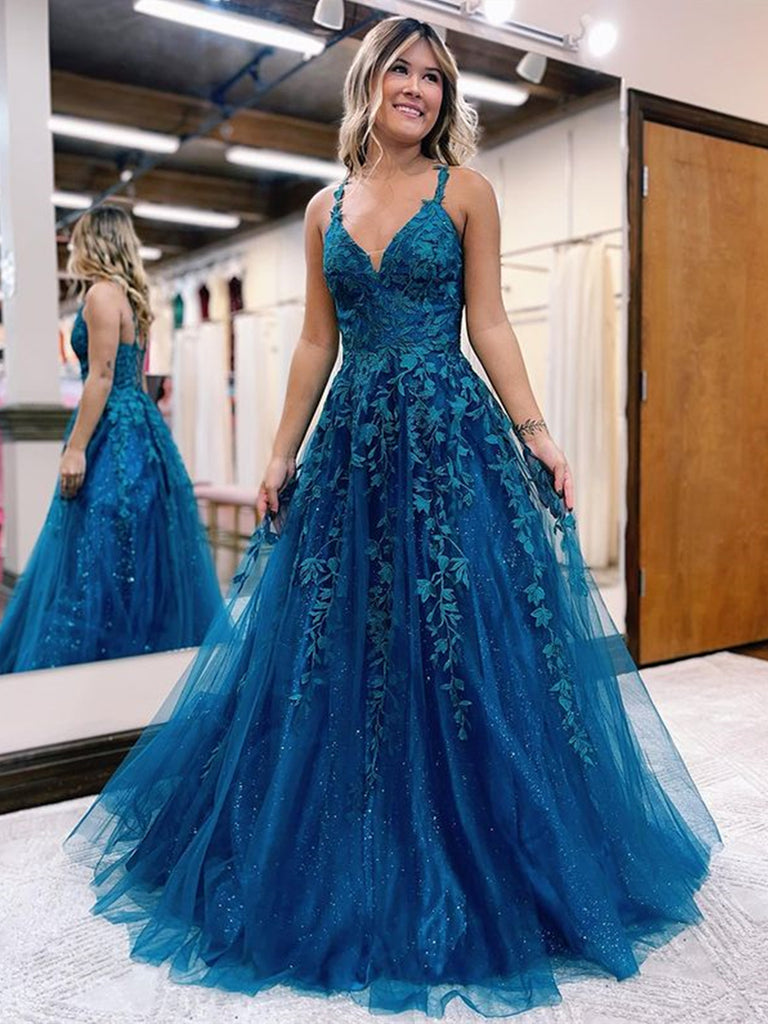V Neck Teal Lace Long Prom Dresses, V Neck Teal Lace Formal