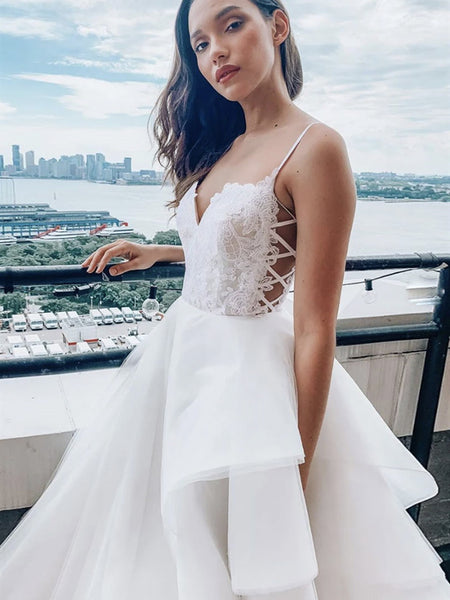 V Neck White Lace Wedding Dresses, White Lace Bridal Dresses Prom Dresses