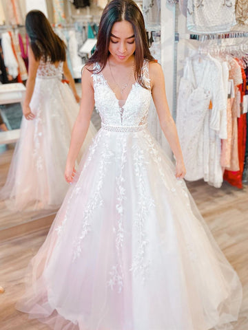 V Neck White Lace Wedding Dresses, White Lace Formal Prom Dresses