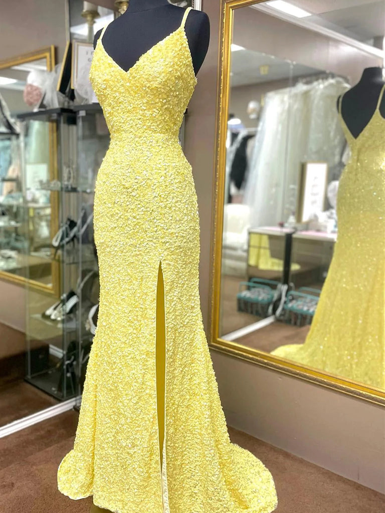 V Neck Yellow Hot Pink Mermaid Long Prom Dresses, Hot Pink Yellow