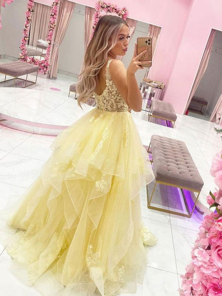 V Neck Yellow Lace Prom Dresses Long, Yellow Lace Long Formal Graduation Dresses