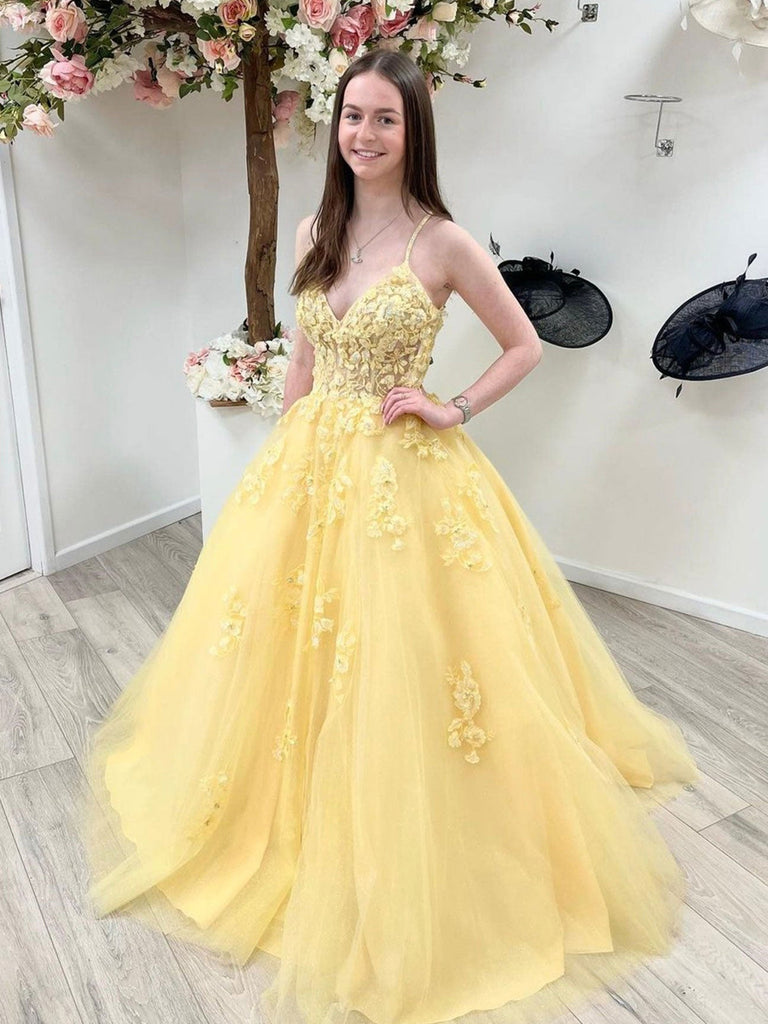 V Neck Yellow Lace Prom Dresses, Yellow Lace V Neck Formal Graduation Dresses