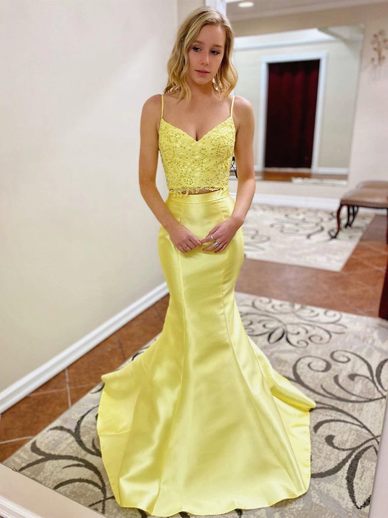 V Neck 2 Pieces Mermaid Yellow Lace Prom Dresses, Two Pieces Mermaid Y jbydress V Neck 2 Pieces Mermaid Yellow Lace Prom Dresses, Two Pieces Mermaid Y jbydress