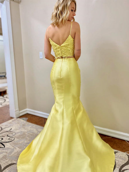 V Neck 2 Pieces Mermaid Yellow Lace Prom Dresses, Two Pieces Mermaid Yellow Lace Fomral Evening Dresses