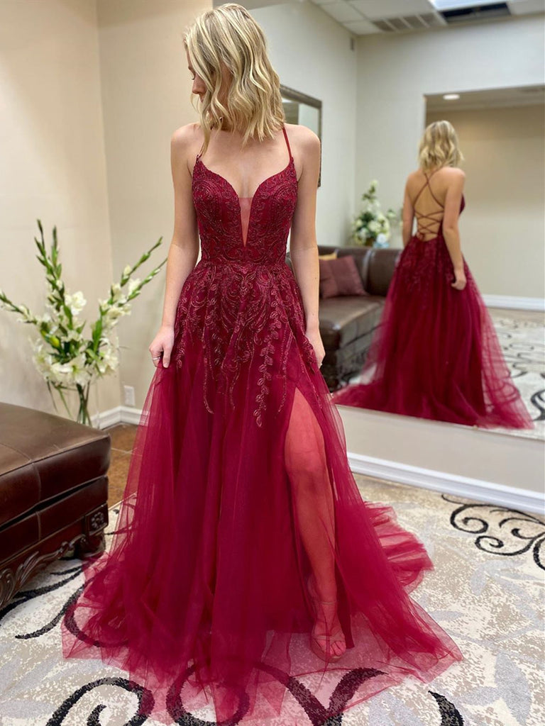 V Neck Backless Burgundy Lace Prom Dresses, Backless Wine Red Lace Formal Evening Dresses