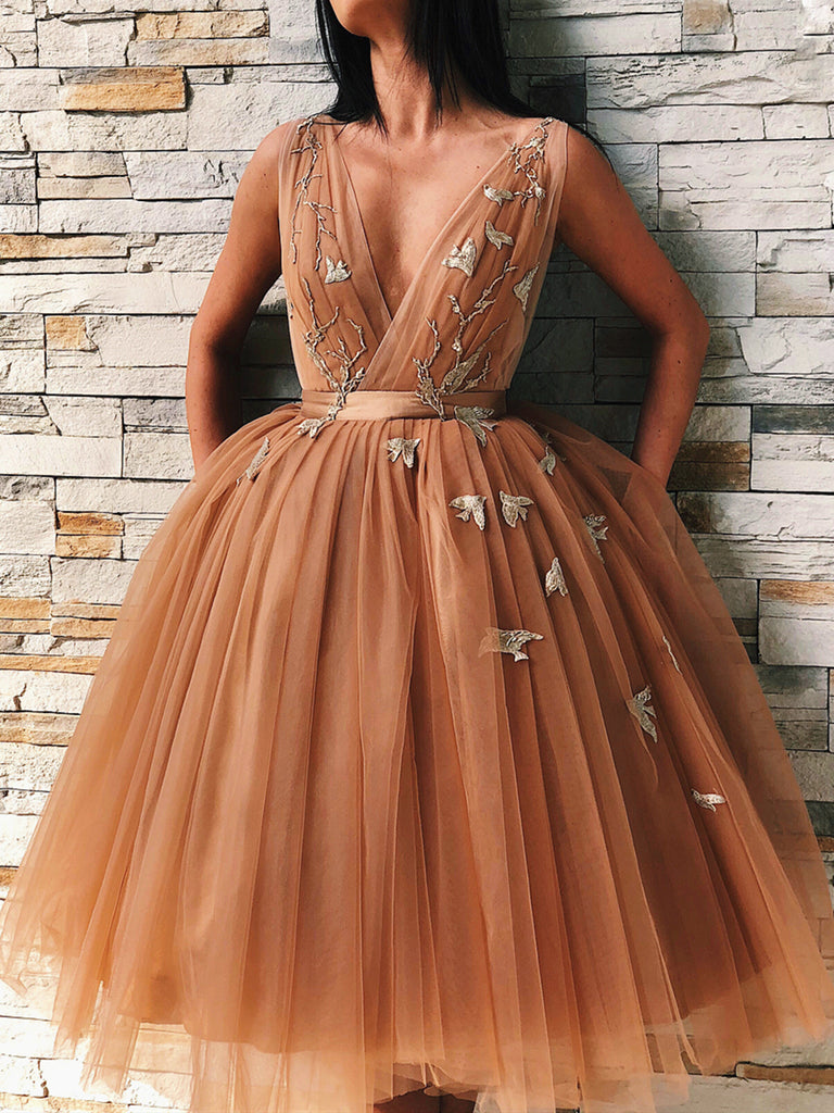 V Neck Backless Floral Champagne Prom Gown, Short Champagne Prom Dress jbydress V Neck Backless Floral Champagne Prom Gown, Short Champagne Prom Dress jbydress
