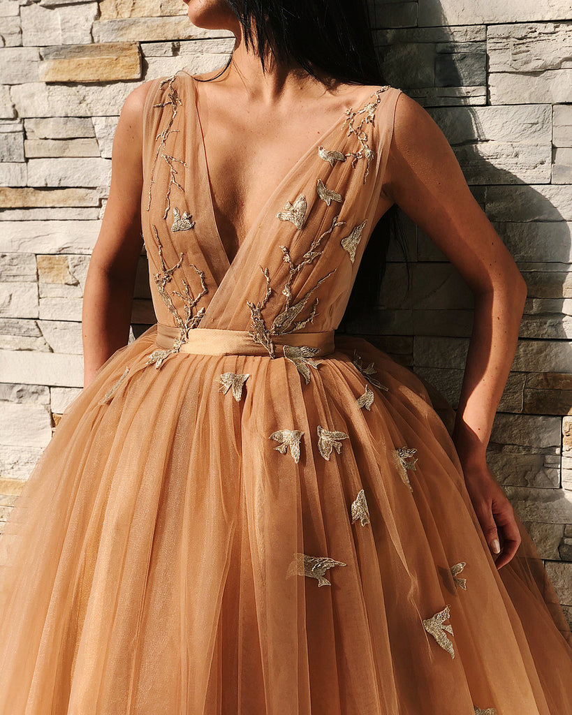 V Neck Backless Floral Champagne Prom Gown, Short Champagne Prom Dress – jbydress