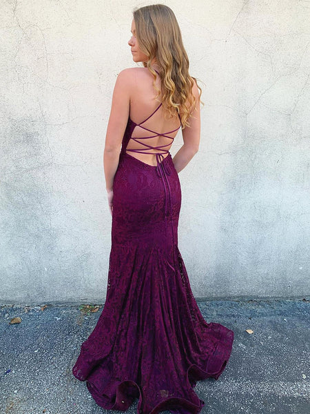 V Neck Backless Mermaid Purple Lace Prom Dresses, Backless Purple Lace Mermaid Formal Evening Dresses