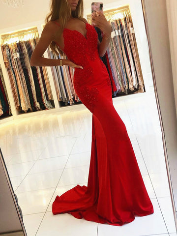V Neck Backless Mermaid Red Lace Prom Dresses, Red Mermaid Lace Formal Evening Dresses