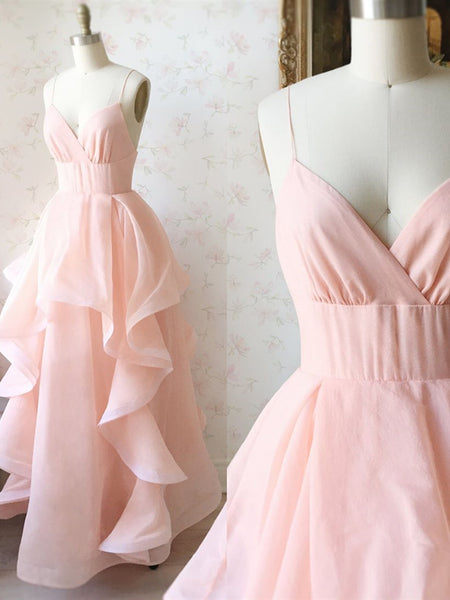 V Neck Backless Pink Prom Gown, Open Back Pink Formal Evening Dresses
