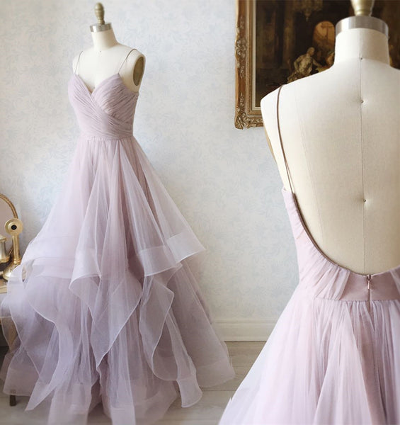 V Neck Backless Prom Gown, Open Back Pink Formal Evening Dresses