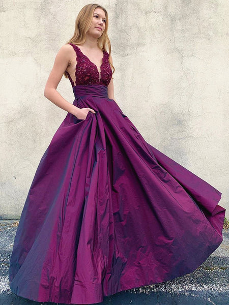 V Neck Backless Purple Lace Prom Dresses, V Neck Open Back Purple Lace