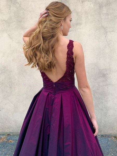 V Neck Backless Purple Lace Prom Dresses, V Neck Open Back Purple Lace Formal Evening Dresses