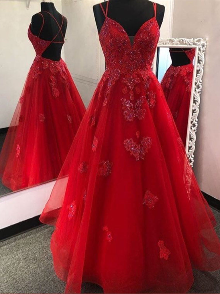 V Neck Backless Red Lace Prom Dresses, Red Open Back Lace Formal Evening Dresses